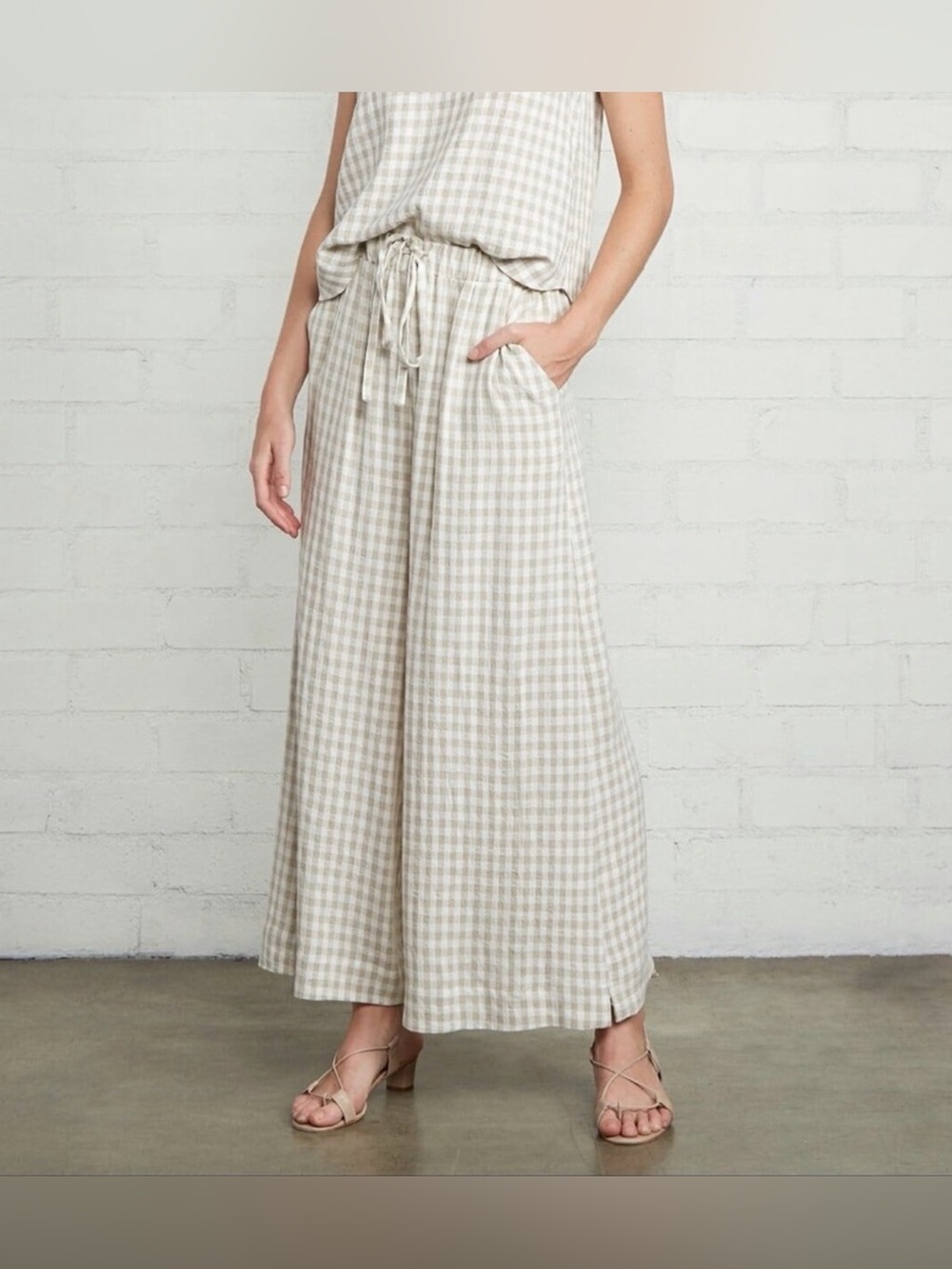 Rachel Pally • Lyric Linen Cream Gingham Plaid Wide Leg Pants M